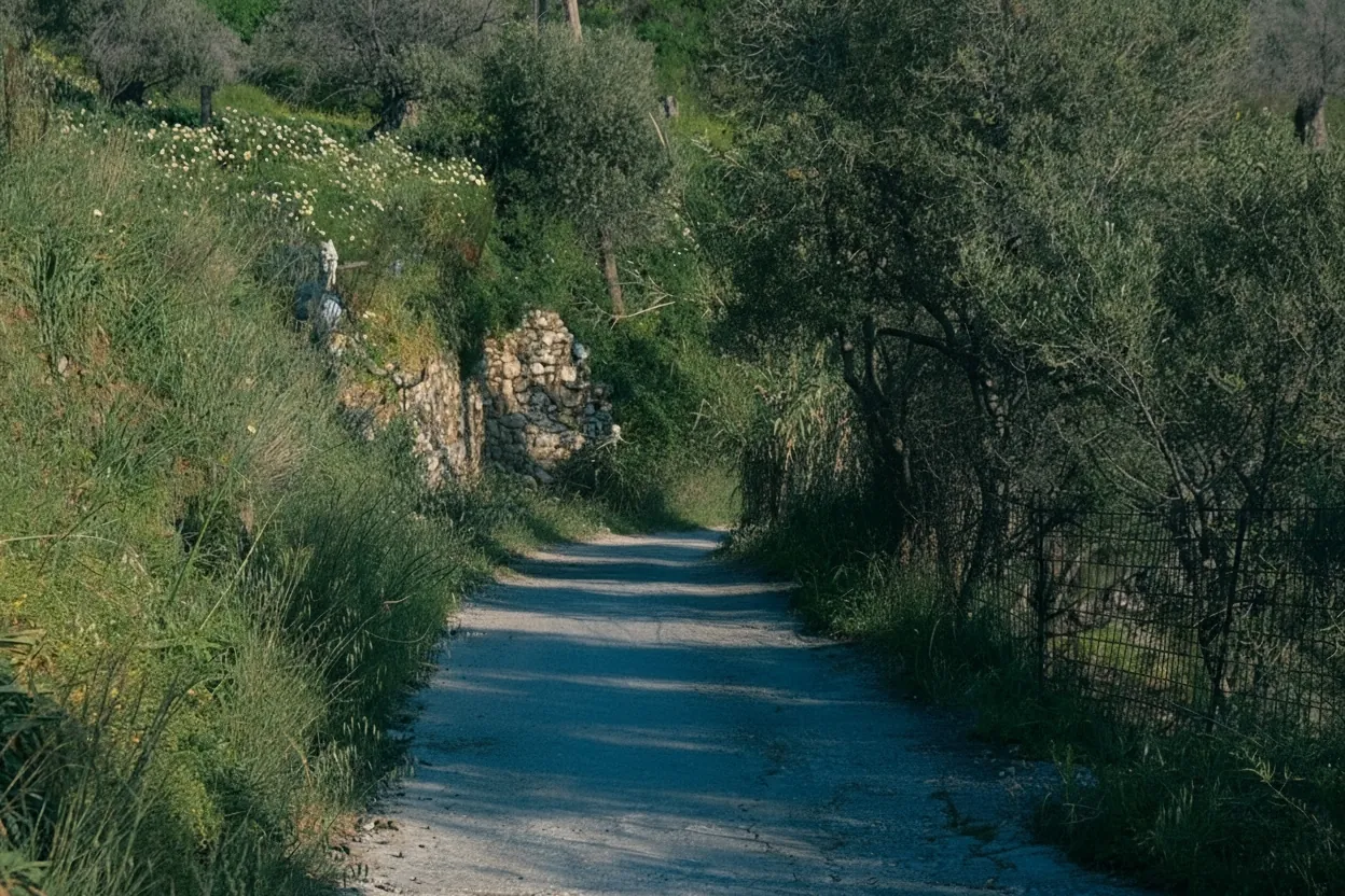 A dirt track between olive trees and wild grass