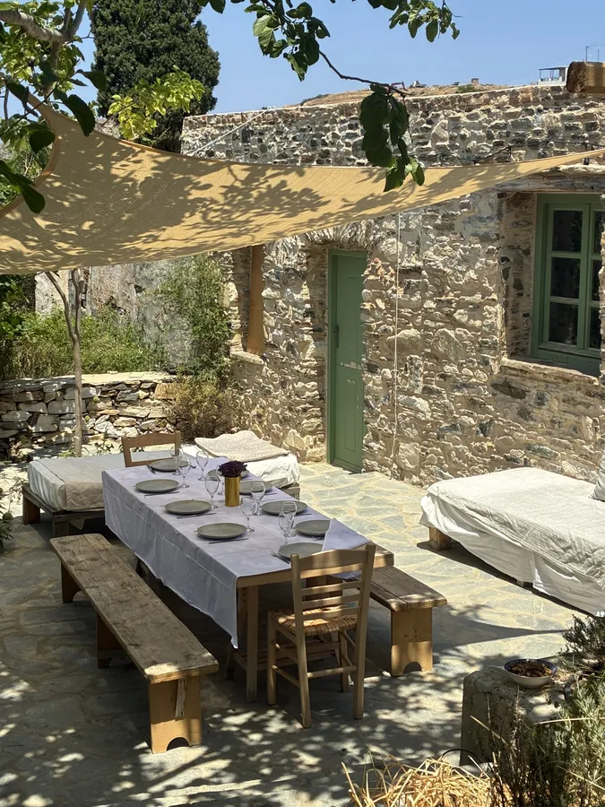 A long table on the shaded terrace